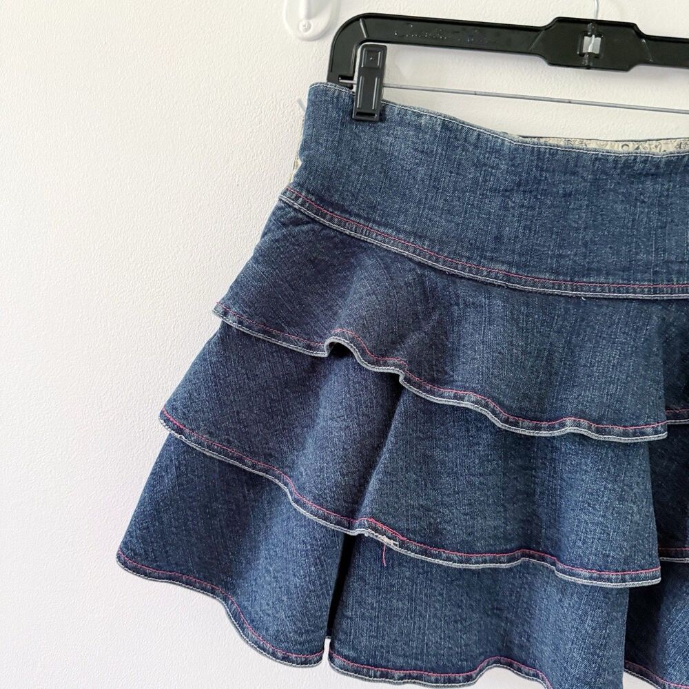 Vintage Y2K Ruffled Tiered Denim Mini Skirt Heatherette 7 Cotton Stretch 2000s - Picture 7 of 12